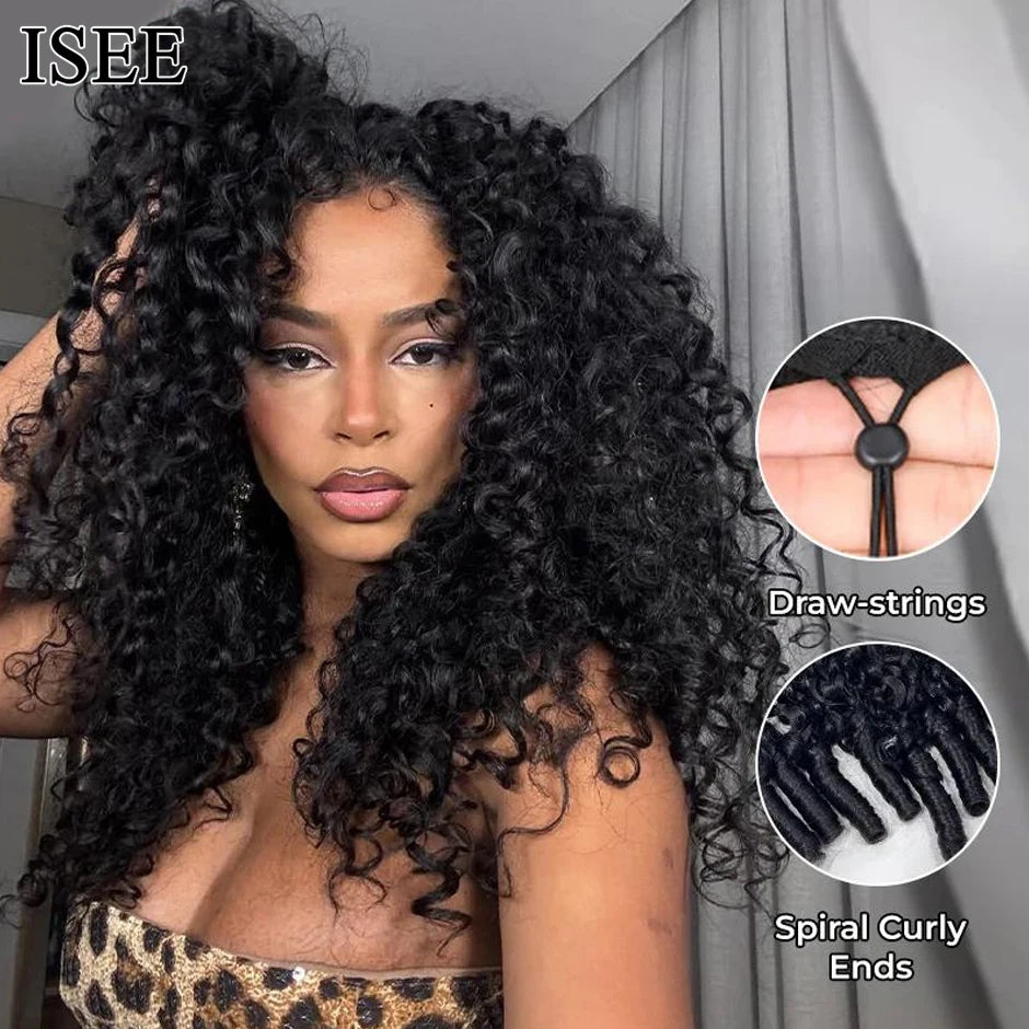 ISEE Hair 9X6  Burmese Curly Glueless Wigs Natural Black Pre Bleached Human Hair  Wig M-Cap Wear Can Go Wig Pre Cut Lace