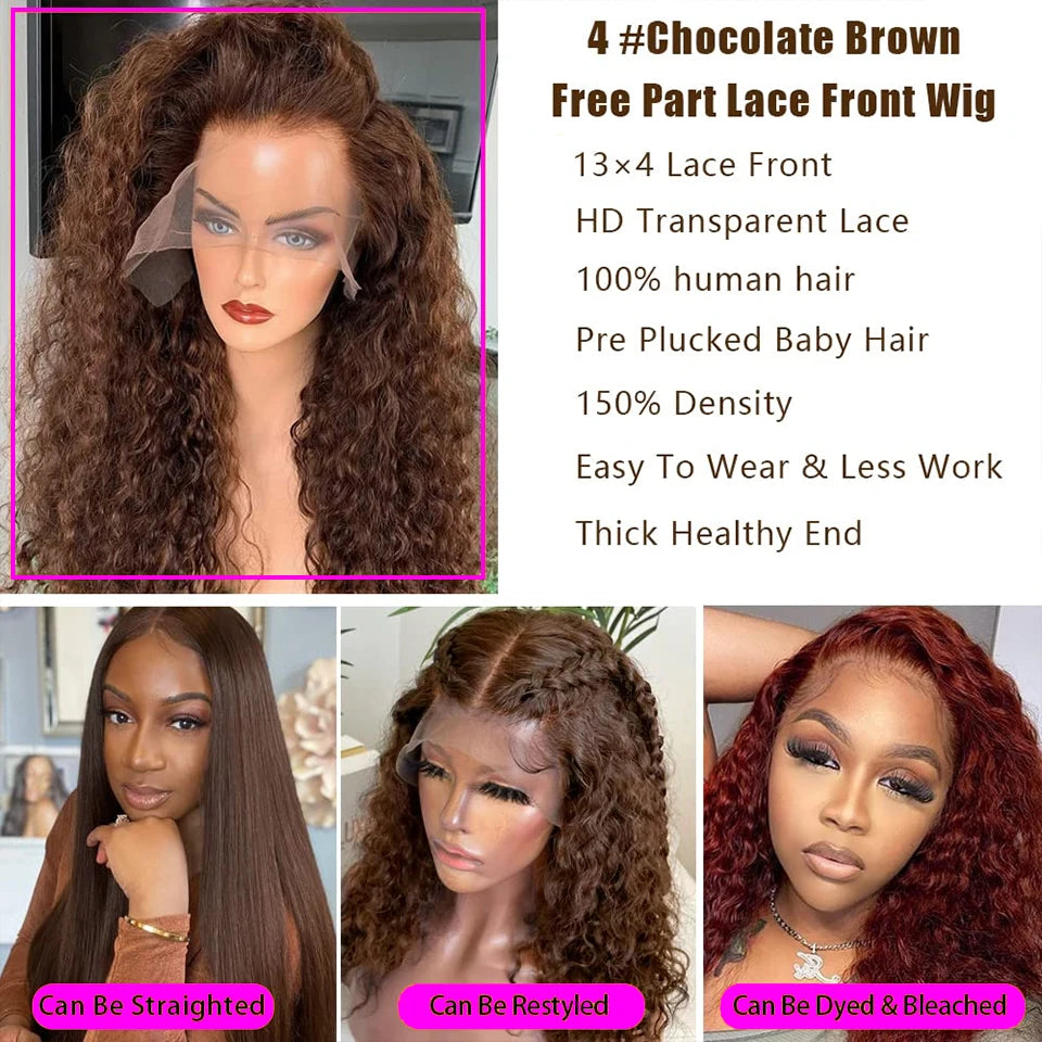 Deep Curly Human Hair Wig - Chocolate Brown HD Lace Frontal 13x4/13x6 - 30-36 Inch