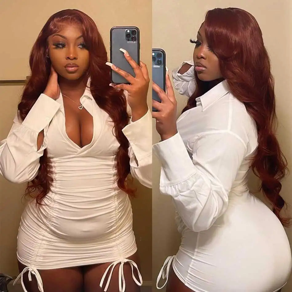 13x4 Auburn Brown Colored Human Hair Lace Front Wigs Wavy HD Lace Frontal Wigs Body Wave Reddish Brown Fall Color Human Hair Wig