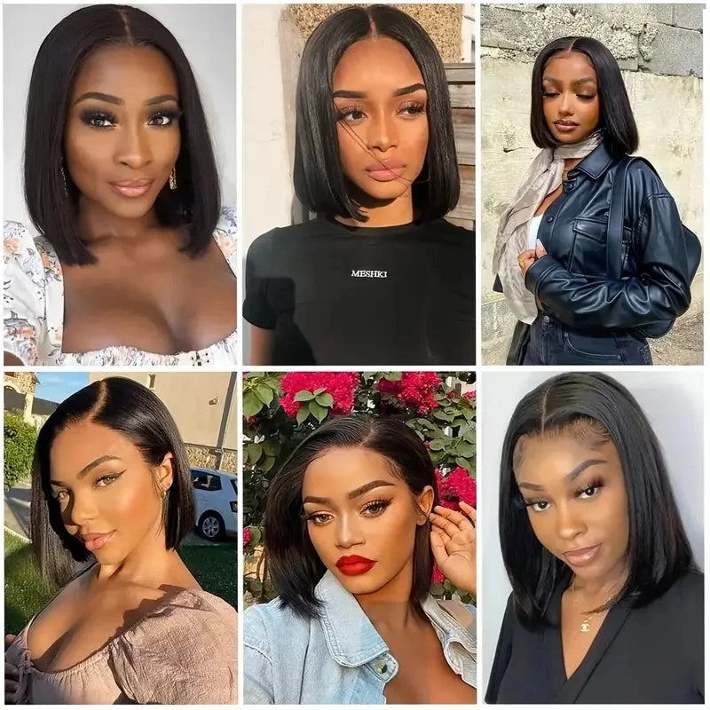 13x4 Lace Front Bob Wig Human Hair 200 Density Brazilian Virgin Straight Hair Wig Pre-Plucked Natural Black