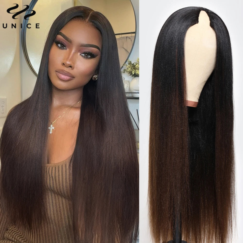 UNice Hair EasiContour Yaki Straight V Part Wig Ombre Brown Color 100% Human Hair Wig Minimal Leave Out Upgrade U Part Wig