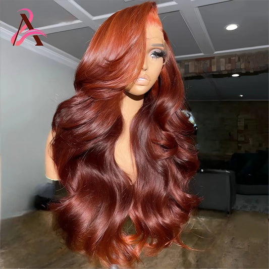 34 Inch Reddish Brown 13x4 Lace Front Human Hair Wigs Brazilian 180% Body Wave HD Lace Frontal Wig 100 Human Hair Wigs For Women