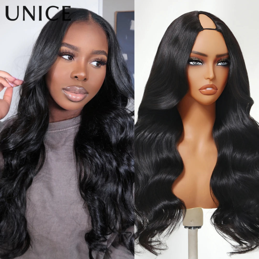 UNICE Hair Upgraded Drawstring Body Wave V Part Wig 100% Human Hair Natural Color V-Part Wig Ombre Brown VPart Wigs 150% Density