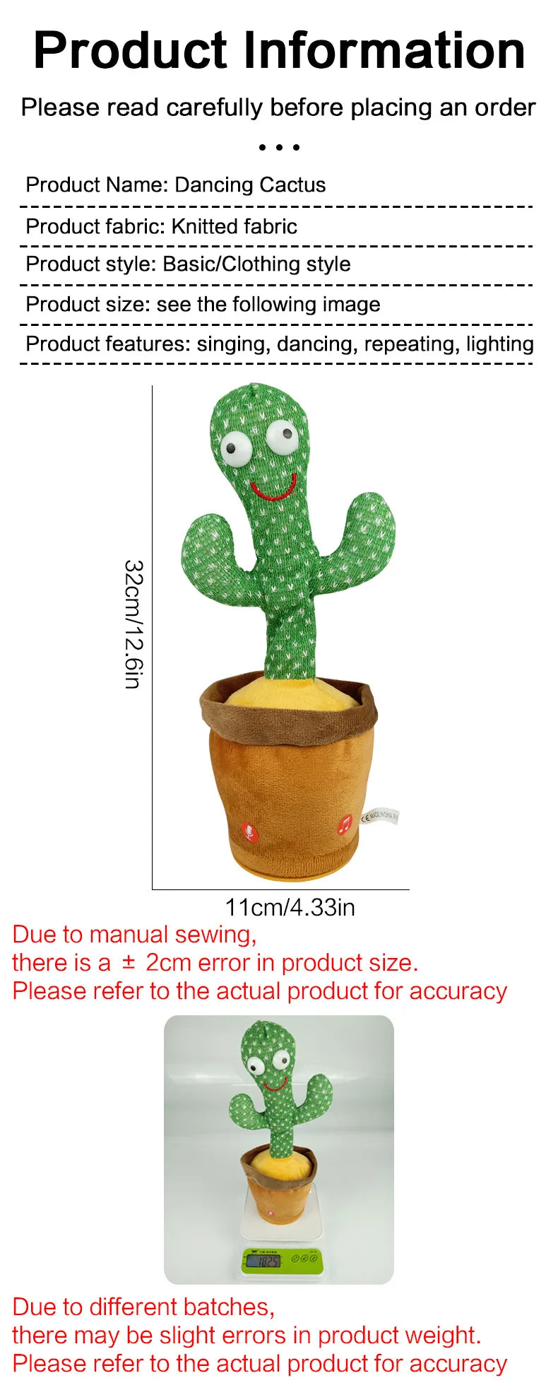 Dancing Talking Cactus Toys Singing Mimicking Recording Repeating What You Say Glow Stuffed Toy For Baby Boys Girl With clothing
