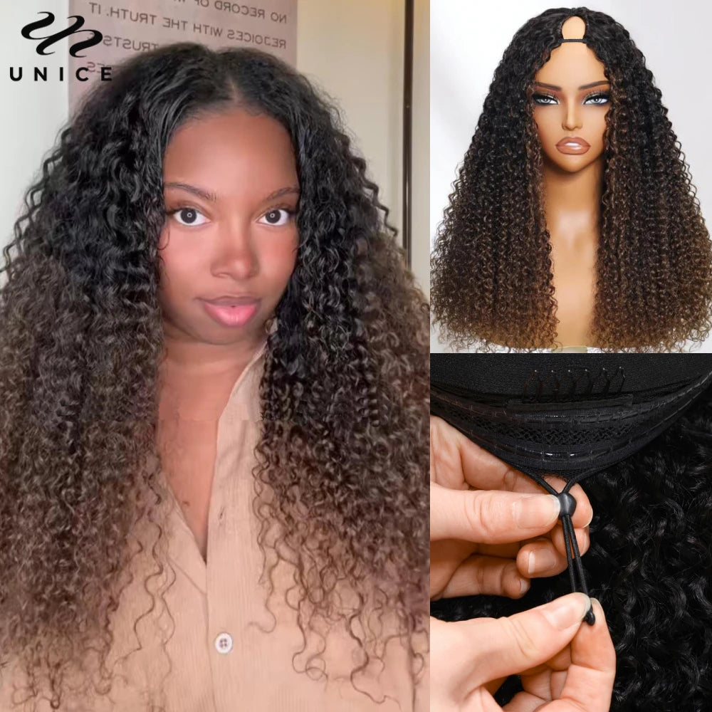 UNICE Hair Jerry Curly V Part Wig Human Hair Upgrade U Part Wig EasiContour Minimal Leave-Out Super Natural 100% Human Hair Wig