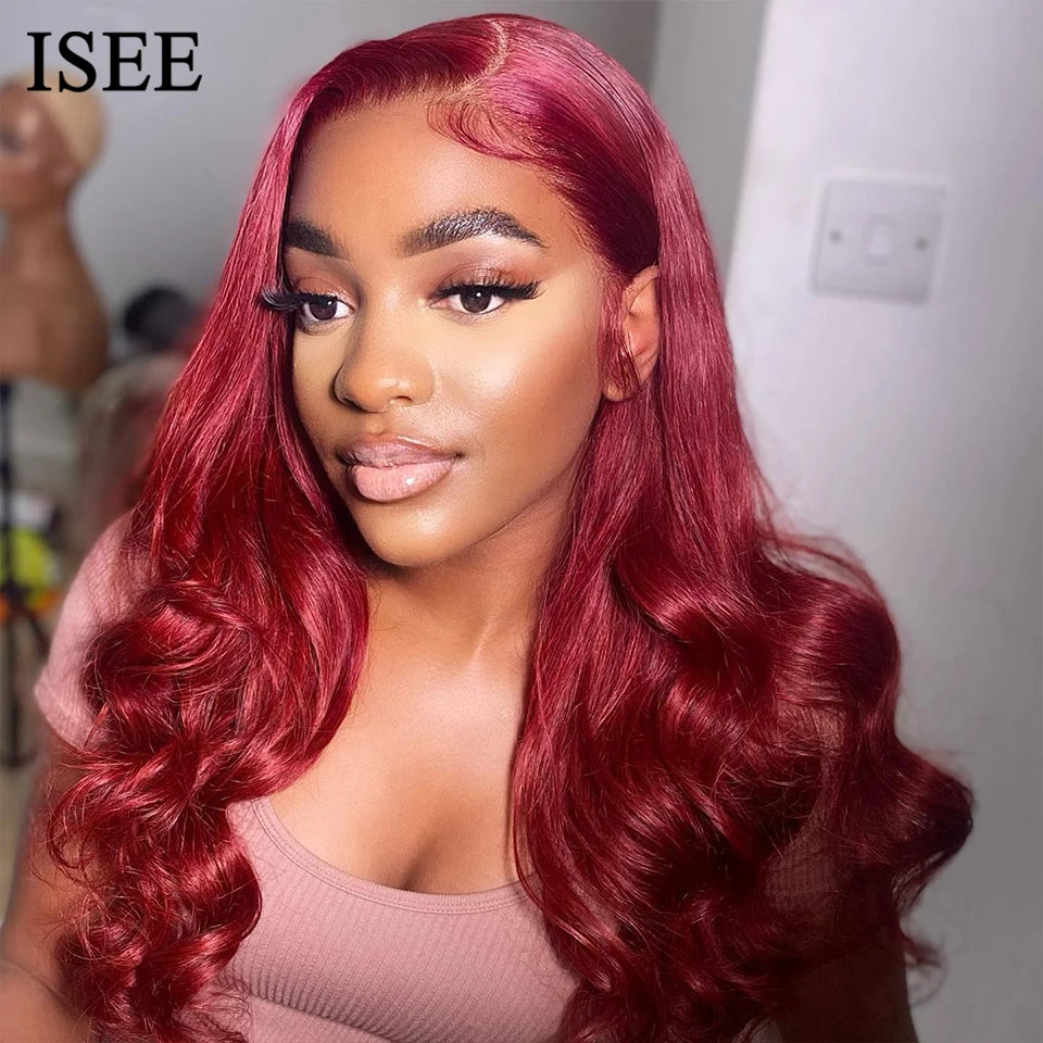 ISEE Hair Wig Brazilian Body Wave Colored Lace Front Wigs Chocolate Brown Human Hair Reddish Brown Closure Wig 99j Burgundy