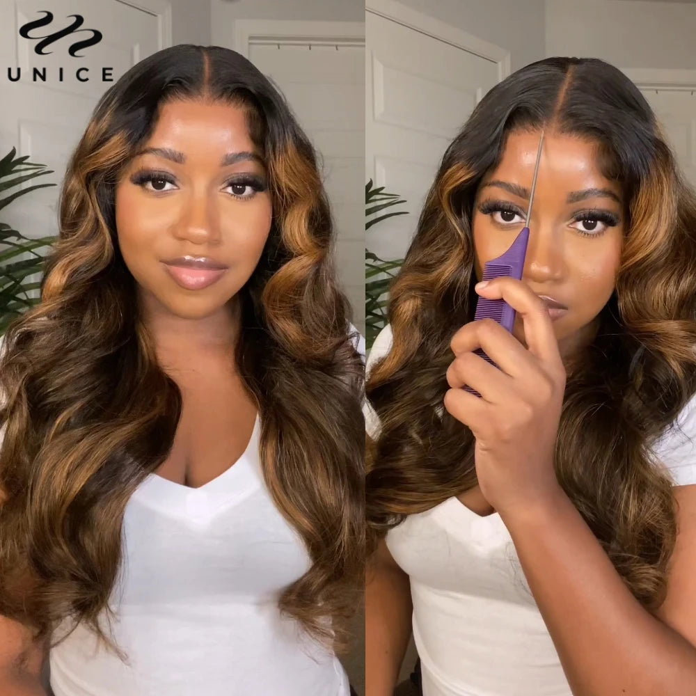 UNice Hair 7x5 Bye Bye Knots Balayage Highlight Body Wave Wig Pre Cut Pre Bleached Glueless Wig Human Hair 150% Density