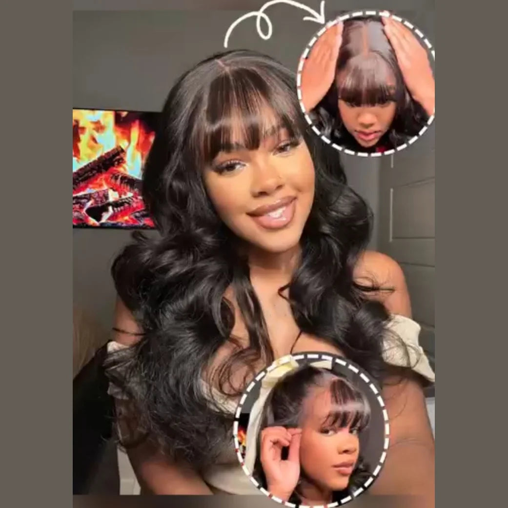 UNice 13x4 Pre-Everything™ Lace Frontal Pull And Go Black Fluffy Natural Loose Wave Curtain Bangs Wig With Free Ear Tape