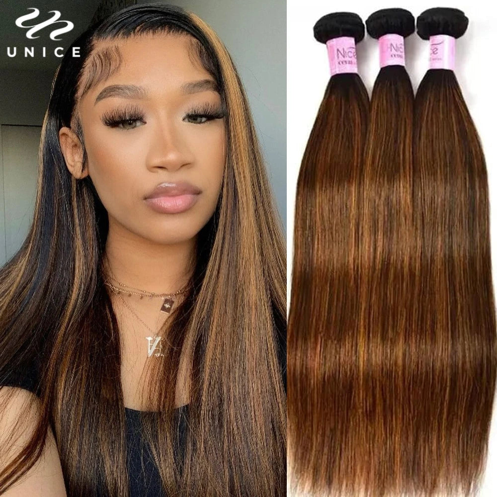 UNICE Hair Balayage Straight Human Hair Bundles 1/3/4 PCS Deal #FB30 Pre Colored Sew In Bundles Human Hair Extensions