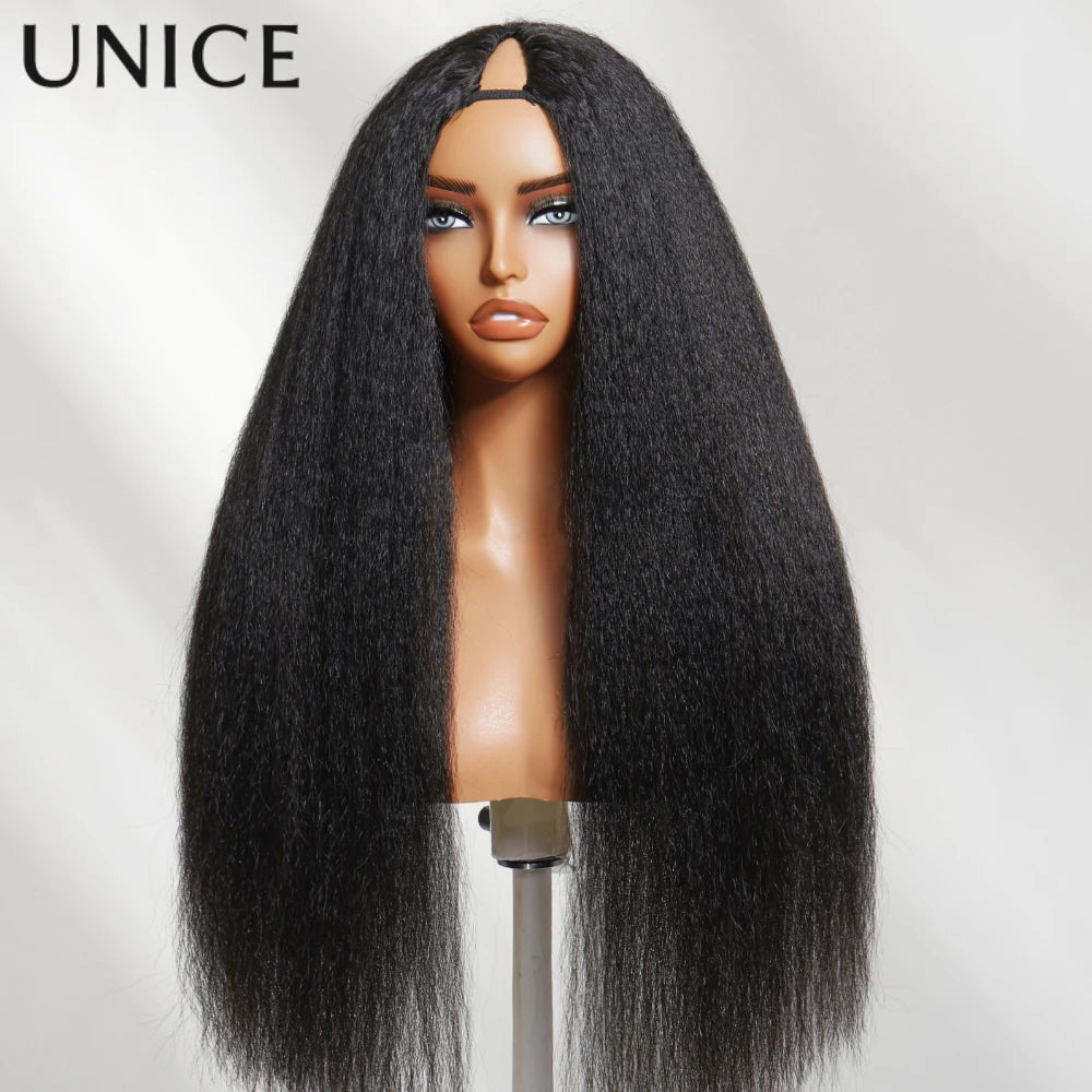 UNice Hair Kinky Straight V Part Wig With Drawstring Seemless Blend 100% Human Hair Wigs No Glue Fit For All Head Sizes