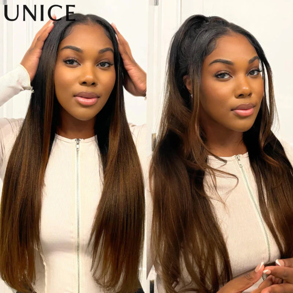 UNice Hair Drawstring Yaki Straight Wig Chestnut Brown Ombre 7x5 Lace Front Human Hair Wigs Pre Cut Pre Bleached Glueless Wig
