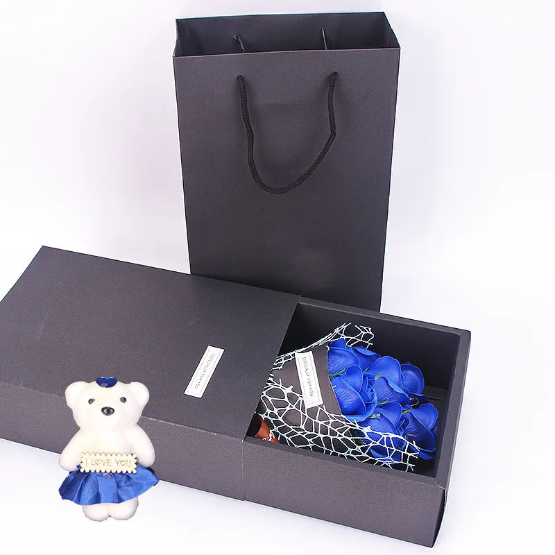 7 Heads Artificial Rose Bouquet Little Bear Gift Box Handmade False Flower Bouquet Mother's Day Birthday Party Gifts Home Decor