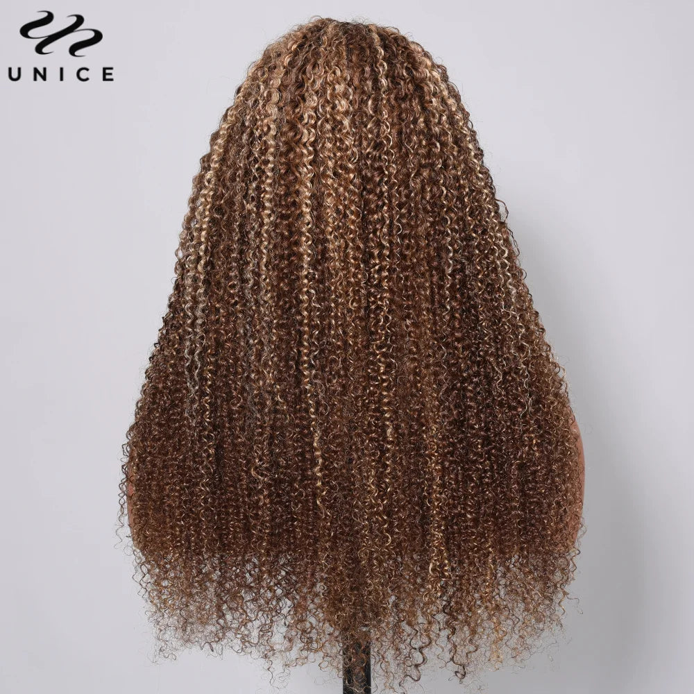 UNice Hair Pre Cut 7x5 & 13x4 Wear Go Glueless Wig Human Hair Brown Blonde Highlight Kinky Curly Lace Closure Wig 200% Density