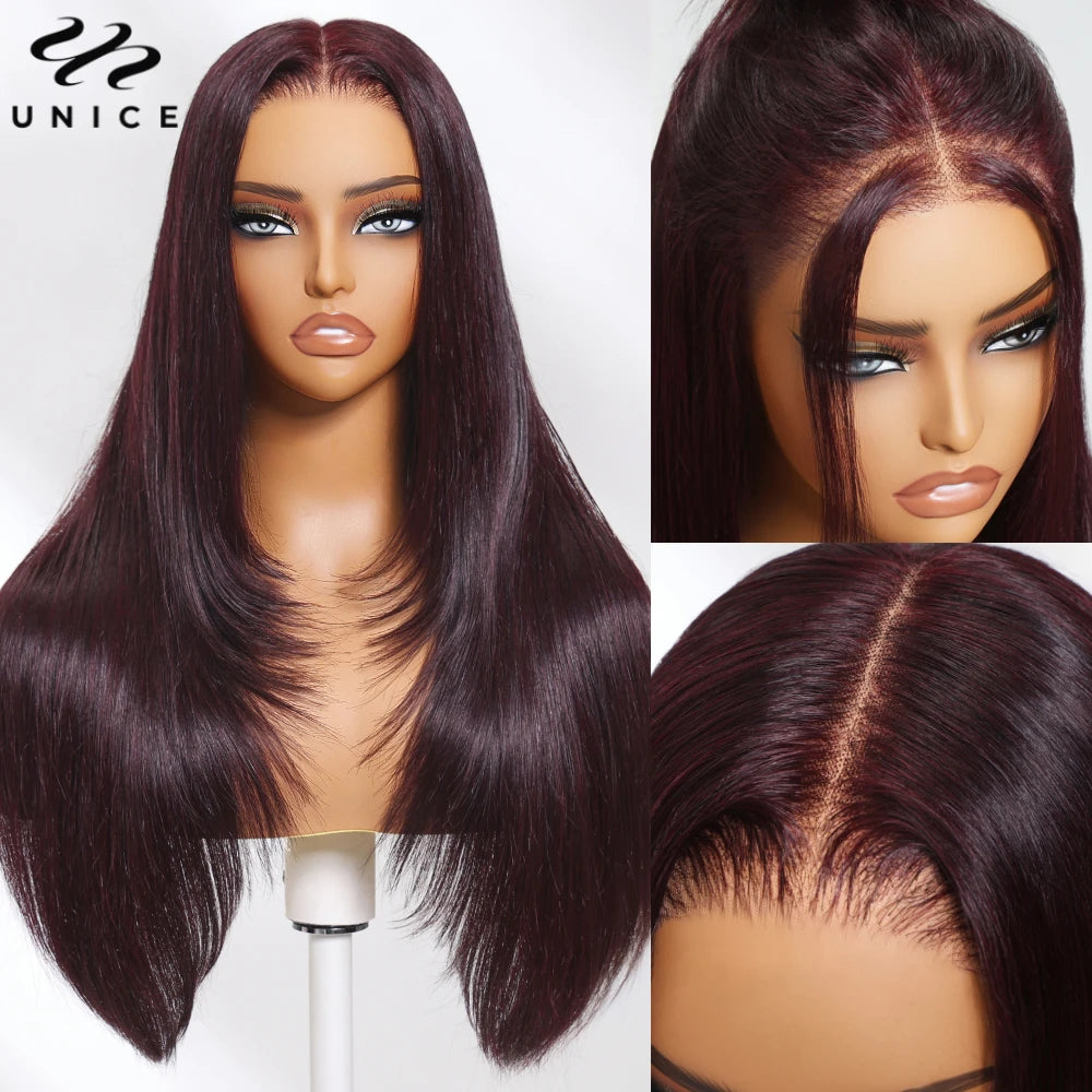 UNICE Hair 13x4 Pre-Everything Lace Frontal Wig Black Cherry Layered Straight Wig Pre Cut Pre Bleached Human Hair Lace Front Wig