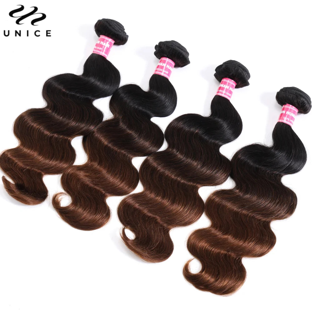 UNice Hair Ombre Brown Body Wave Bundles 4PCS With Black Root 100% Human Hair Bundles Quick Weave Traditional Sew In  Bundles