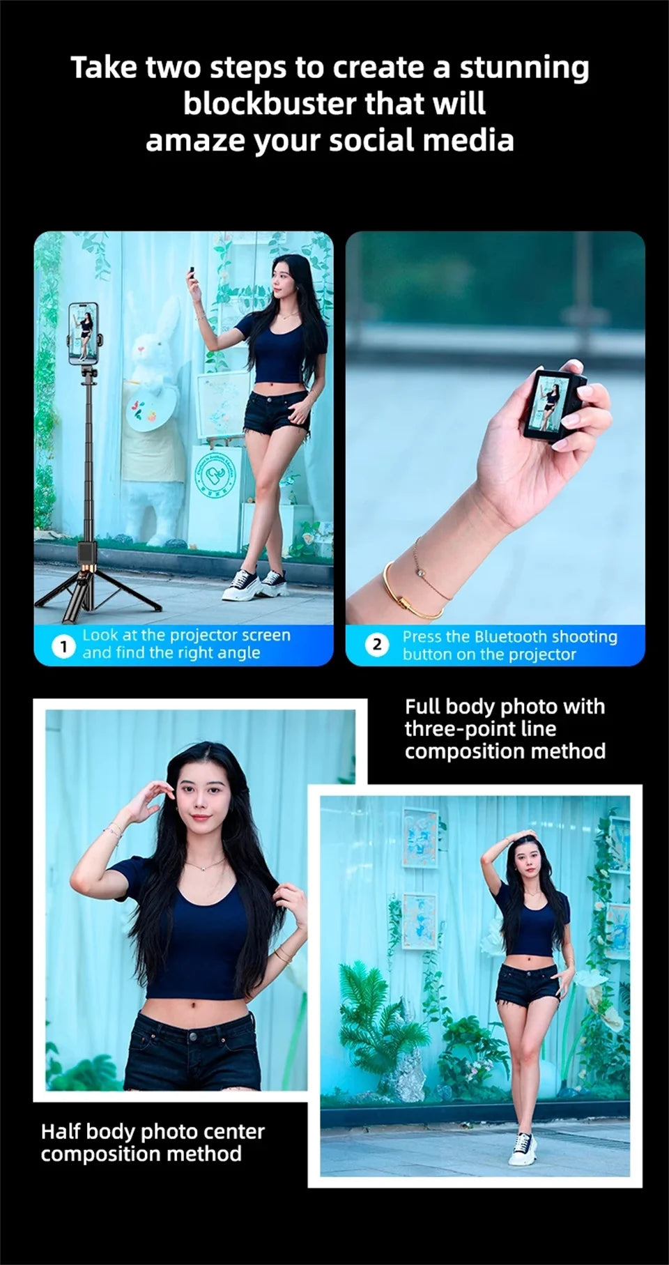 2025 New 5 in 1 Projection Rear Camera Selfie Stick with Selfie Monitor Screen Brush TikTok Bluetooth Remote Control Scrolling
