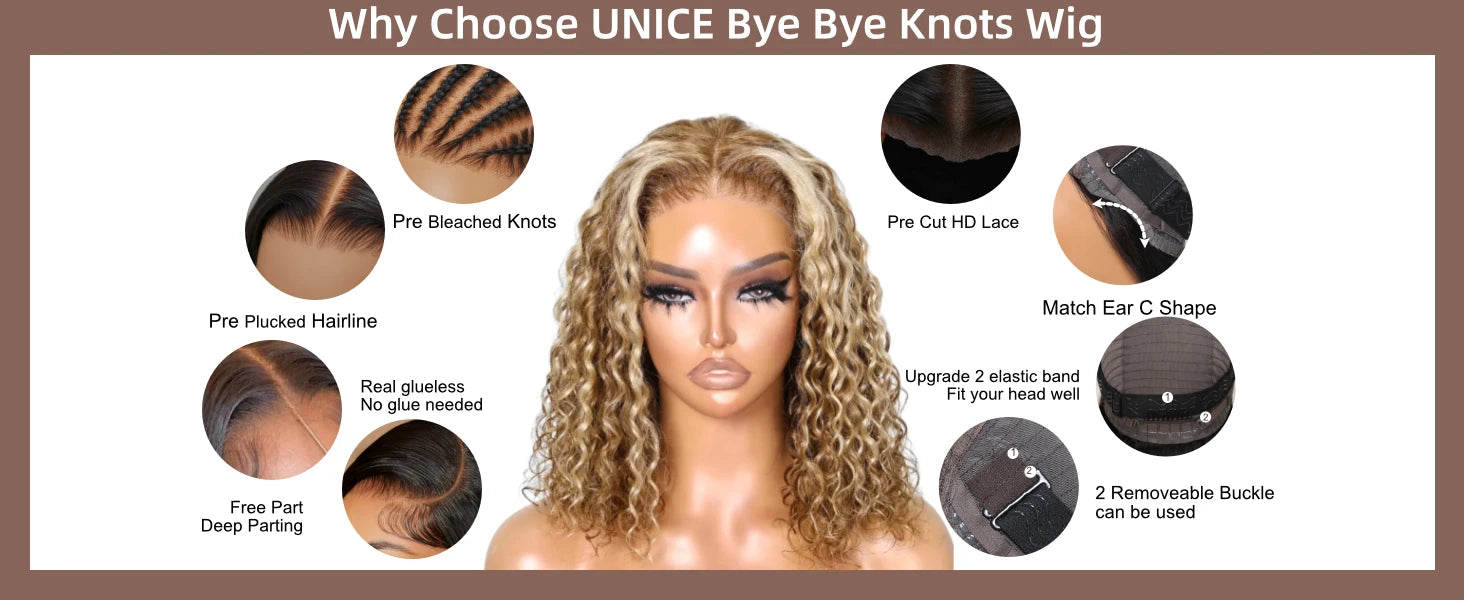 UNice 7x5 Glueless Water Wave Bob Wig Honey Blonde Highlight Pre Bleached Pre Cut Lace Closure Wig Human Hair Wig Ready To Wear