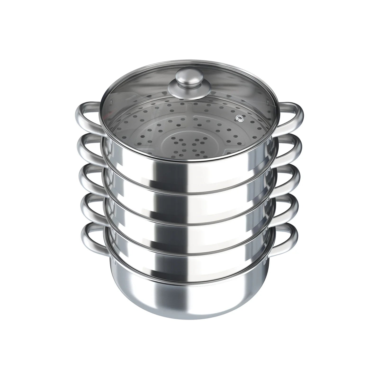 5 Tier  26/28/30/32cm Steame Cooker Steamer Pan Cook Food Veg Pot Stainless Steel Silver w/Glass Lid