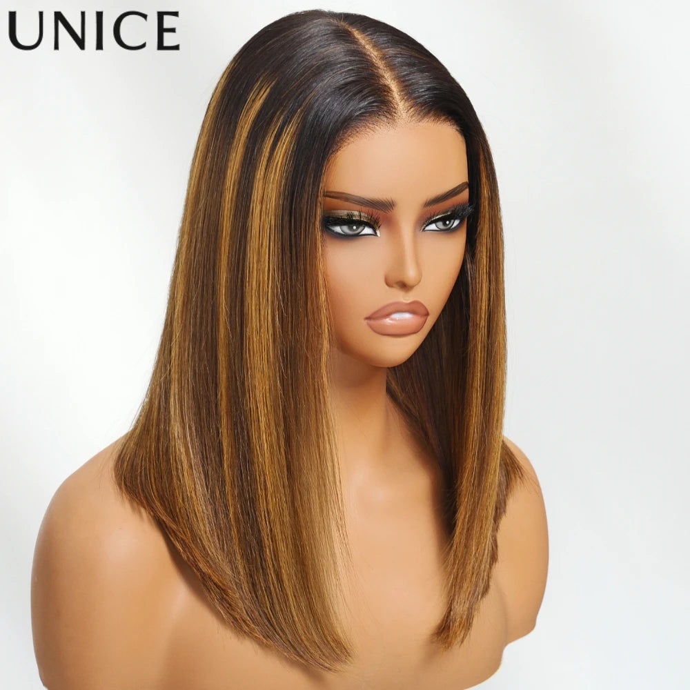 UNice Brown With Blonde Piano Highlights Blunt Bob Wig With Dark Roots Pre Everything 7x5 13x4 Lace Frontal Human Hair Wigs