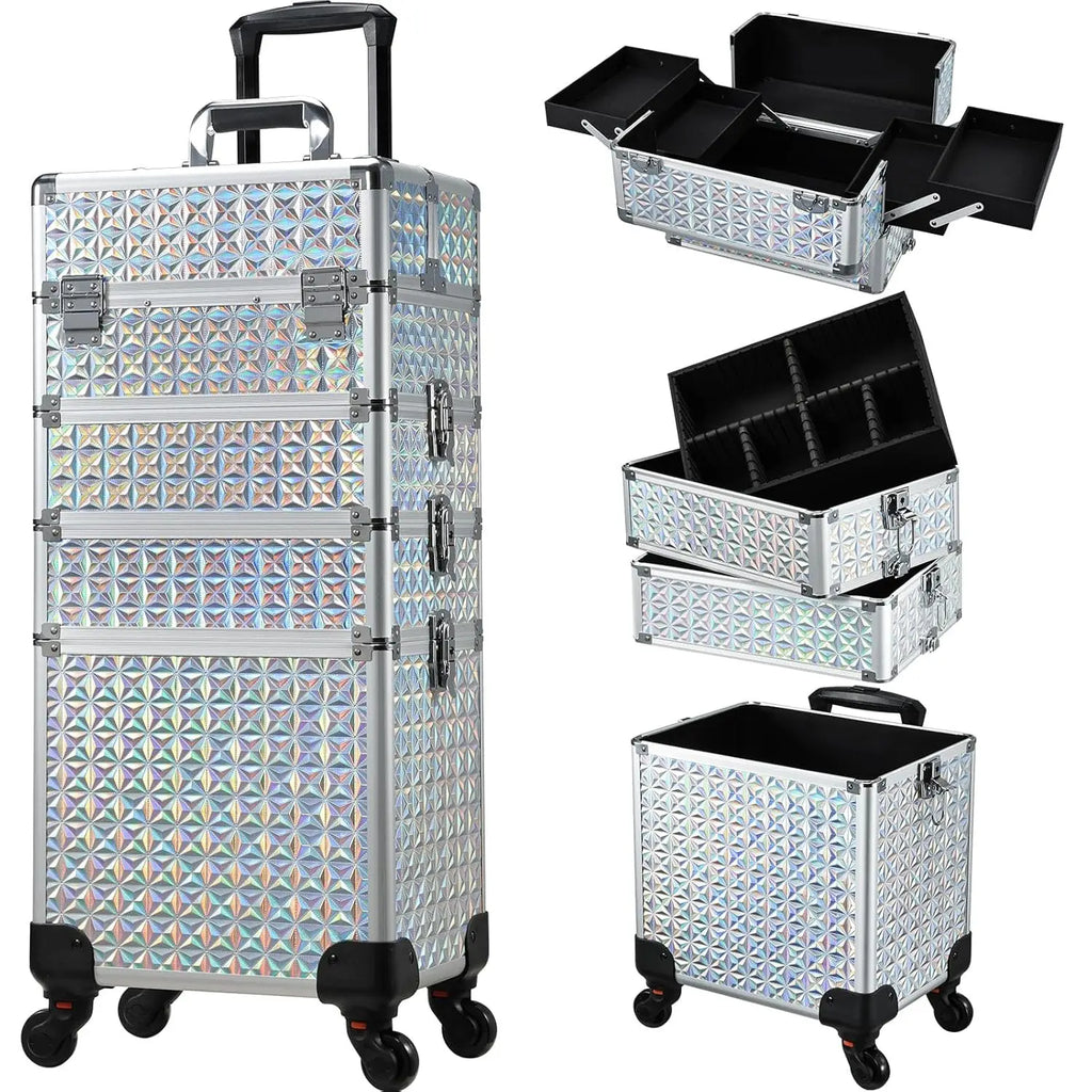 Makeup Trolley Case Detachable 4 in 1 Alloy Train Briefcase for Nail Manicure on Wheels Lock Salon Large Capacity Storage Case