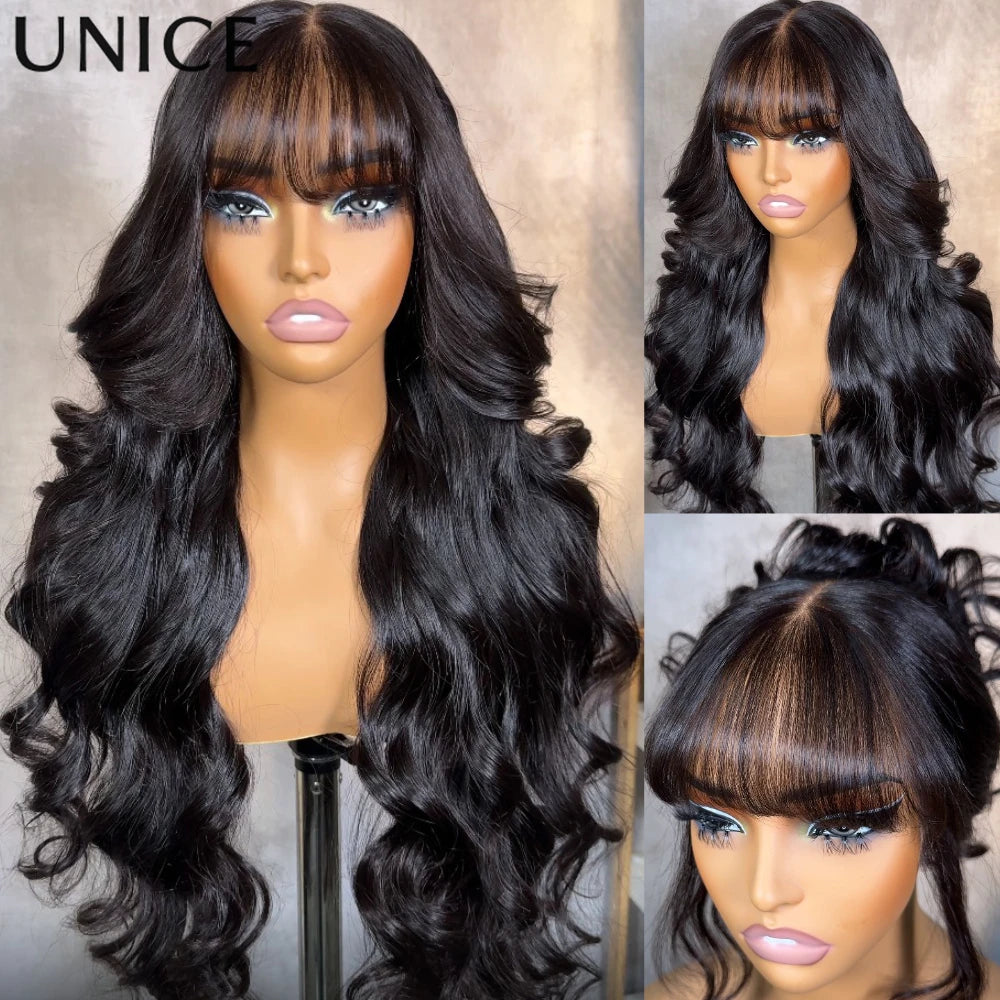 UNice 13x4 Pre-Everything™ Lace Frontal Pull And Go Black Fluffy Natural Loose Wave Curtain Bangs Wig With Free Ear Tape