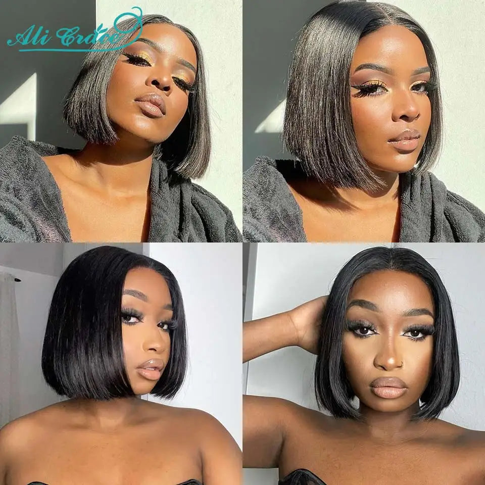 Ali Grace Hair Straight Short Bob Wig 4x4 Lace Closure Wig Brazilian Transparent Lace Remy Human Hair Wigs for Women Pre Plucked
