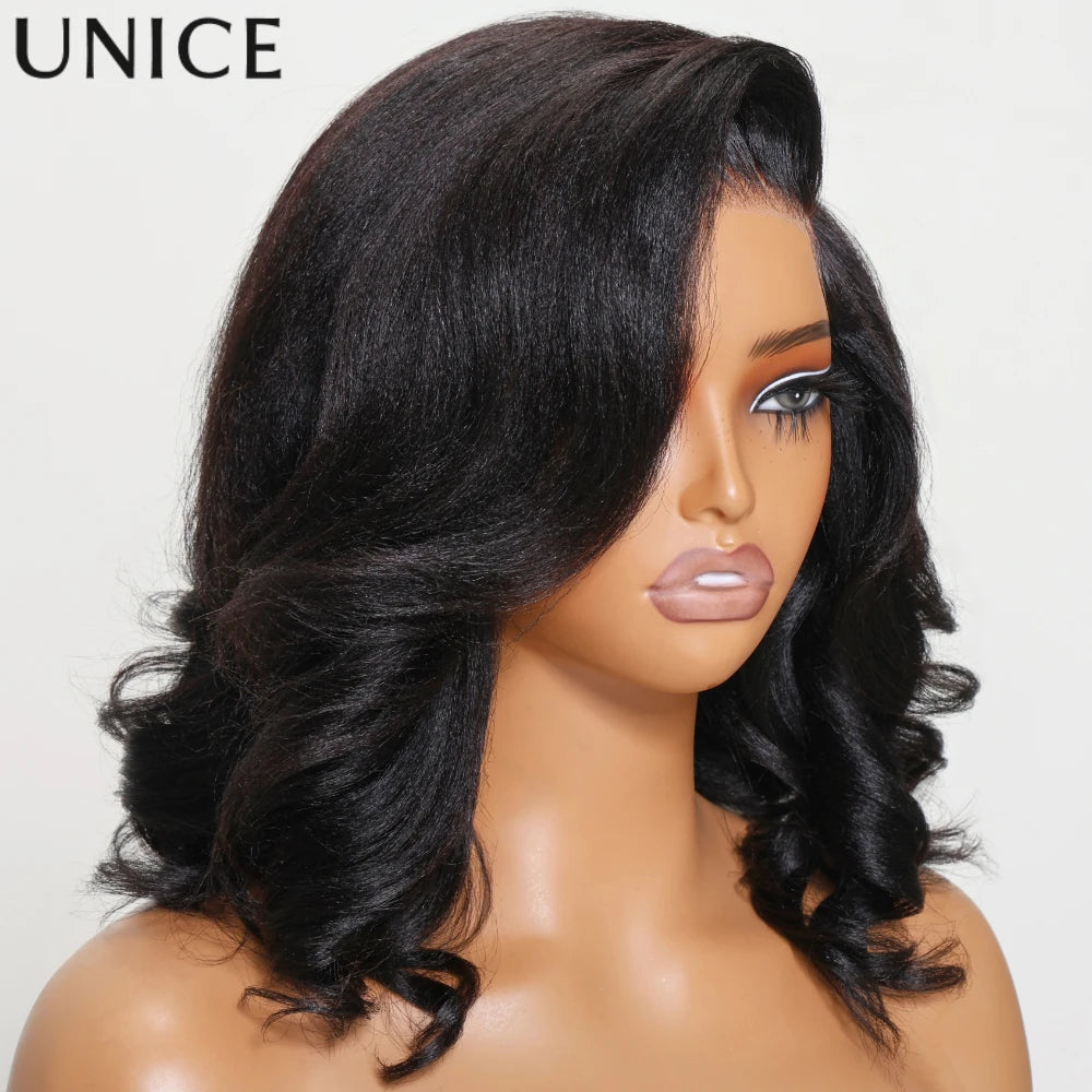 UNICE Hair Yaki Loose Wave Bob Wig With Baby Hair Drawstring 13x4 Human Hair Lace Frontal Wig Pre Cut Pre Bleached Glueless Wig