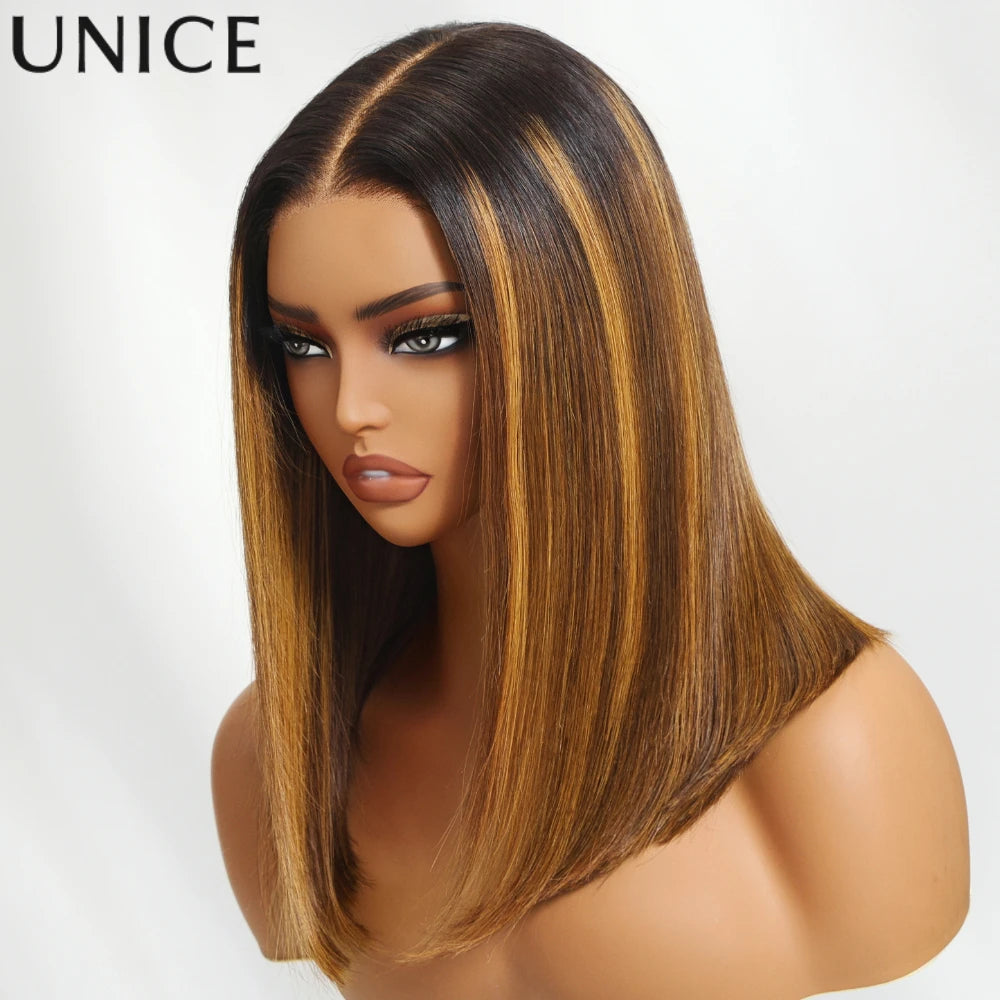 UNice Brown With Blonde Piano Highlights Blunt Bob Wig With Dark Roots Pre Everything 7x5 13x4 Lace Frontal Human Hair Wigs