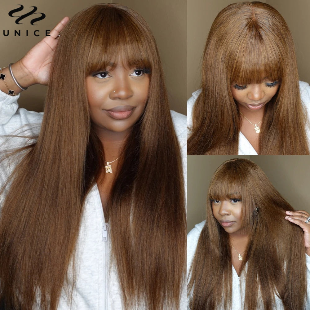 Unice Hair Yaki Straight #4 Brown Human Hair Wig With Bangs Layered Cut Middle Part 4x2 Lace Front Human Hair Wig 150% Density