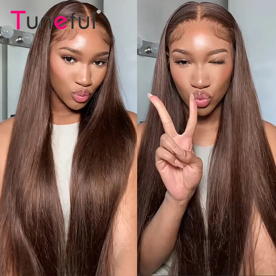 Premium Chocolate Brown Colored 13x4 HD Lace Front Human Hair Wigs Tuneful 30 Inch Raw Indian Straight Human Hair Frontal Wigs