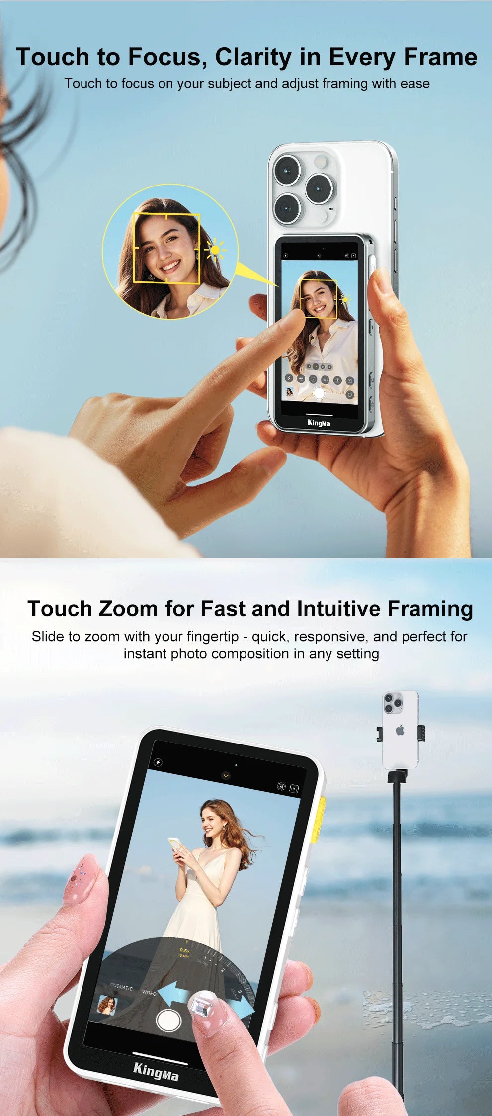Phone Vlog Selfie Monitor Screen, Touchscreen Monitor, Wireless Transmission with Bluetooth Remote for iPhone Live Stream TikTok