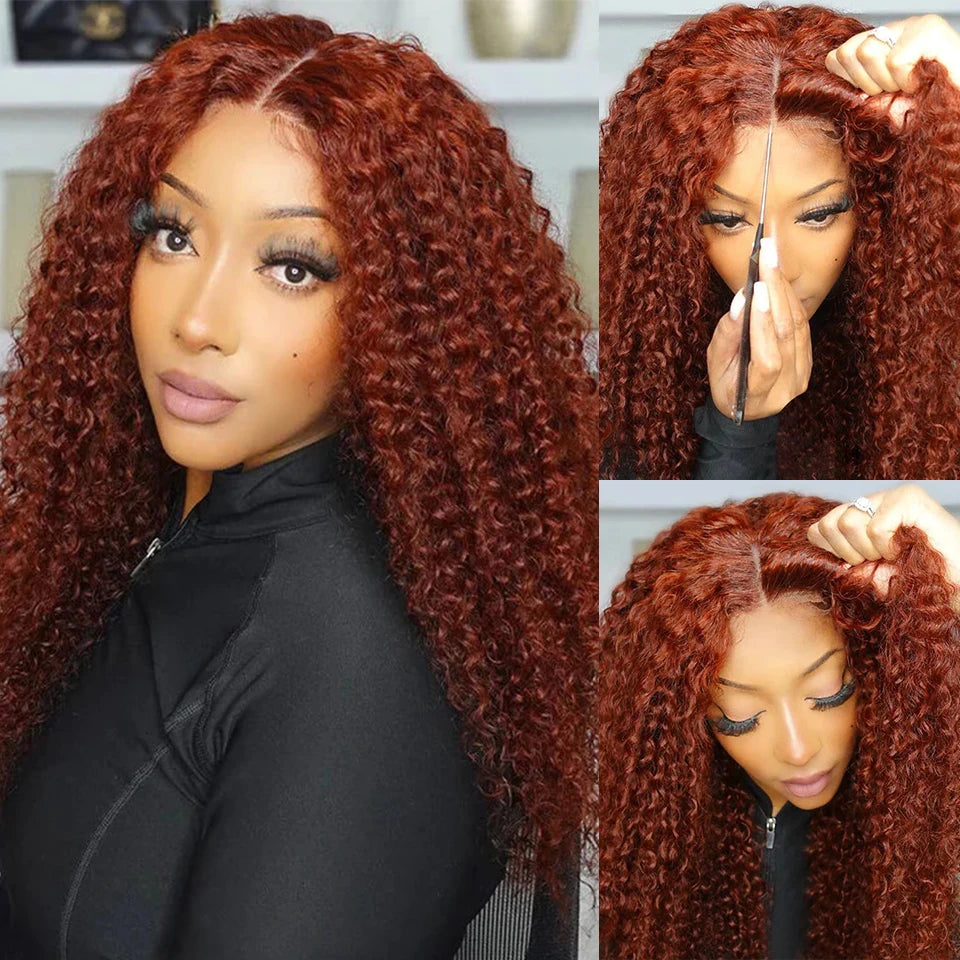 ISEE HAIR Wig Reddish Brown Wear Go Glueless Human Hair Wigs Mongolian Kinky Curly 6x4 Lace Glueless Human Hair Wigs Ready To Go