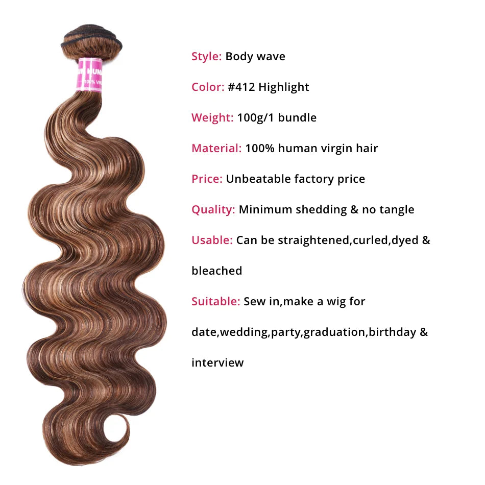Unice Hair Blonde Highlight Body Wave Human Hair Bundles 1/3/4 Bundles 100% Human Hair Quick Weave Sew In Hair Extensions