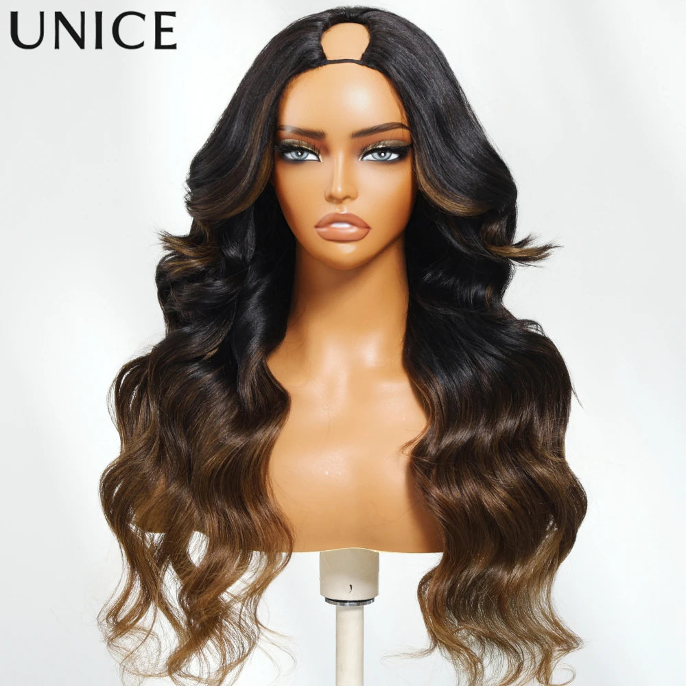 UNice Chestnut Brown Yaki Wavy V Part Wig 100% Human Hair V Shape Upgrade U Part Wig No Sew In Clip In Half Wig Easy Blend