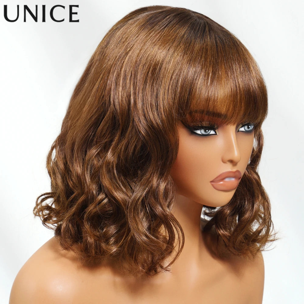 Unice Hair Brown Colored Loose Wave Wig With Bangs 4x2 Lace Short Bob Wig Human Hair Glueless Wig 150% Density