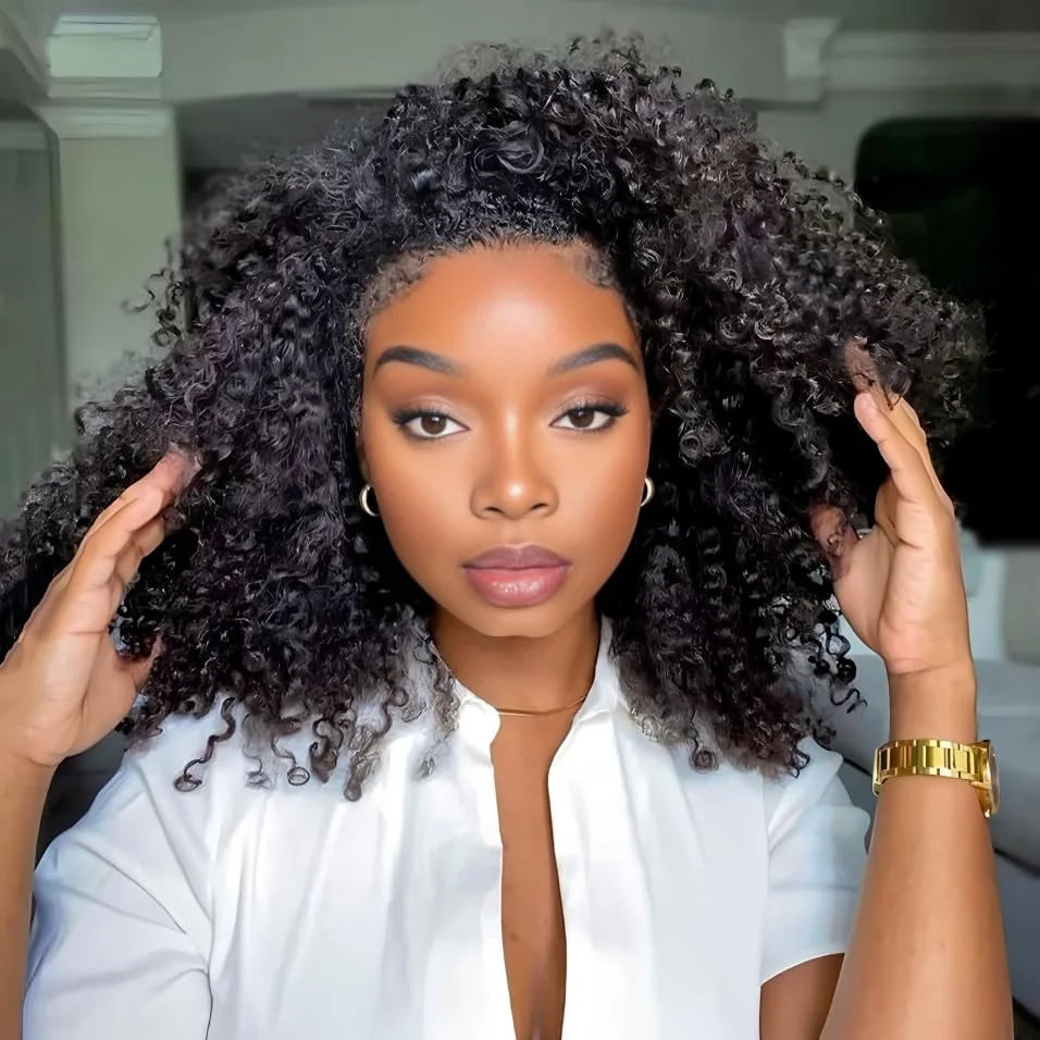 ISEE Glueless Human hair Wigs Kinky Curly Headband Wig Upgrade 3 IN 1 Half Wig With Drawstring Seamless Clip Ins Flip Over