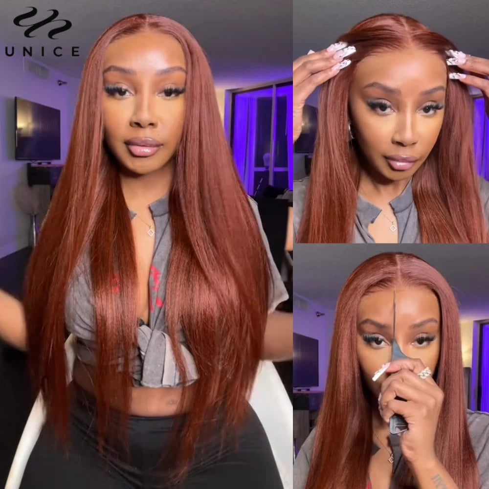 UNice Hair Reddish Brown Yaki Straight Wig 7x5 Lace Pre Cut Pre Bleached Glueless Wig Human Hair Ready To Wear 150% Density