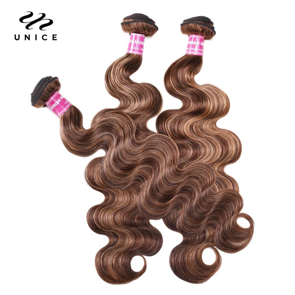 Unice Hair Blonde Highlight Body Wave Human Hair Bundles 1/3/4 Bundles 100% Human Hair Quick Weave Sew In Hair Extensions