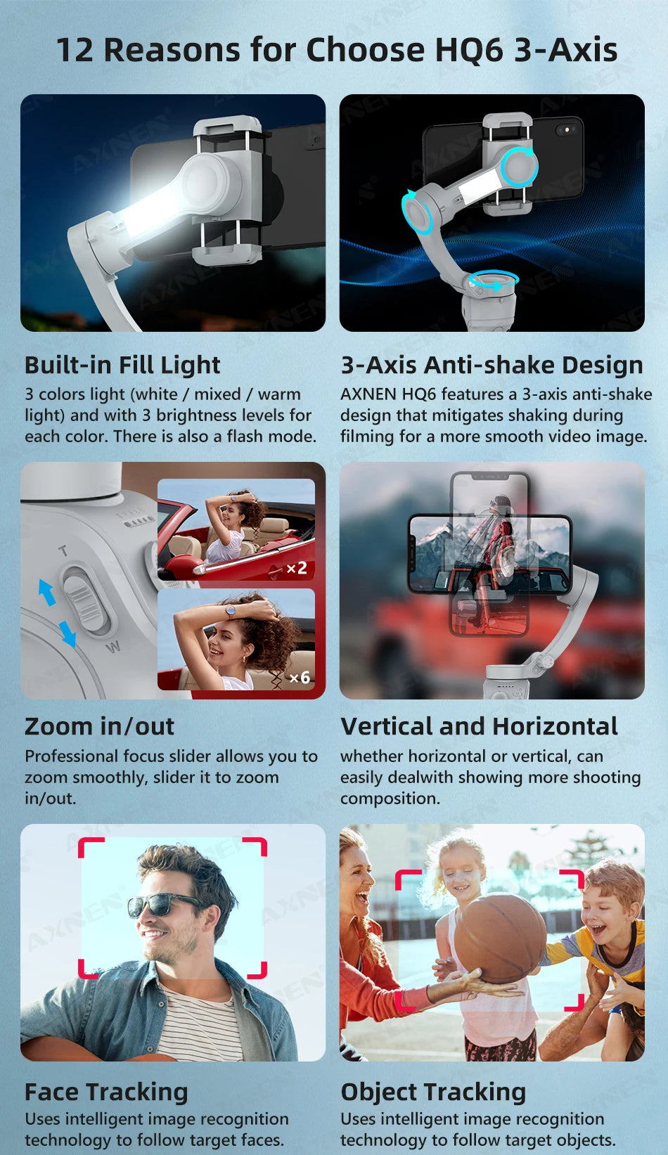3 Axis Handheld Gimbal Stabilizer for Smartphone with Fill Light for iPhone Android Face Tracking Tiktok Vlog Smart Gimbals HQ6