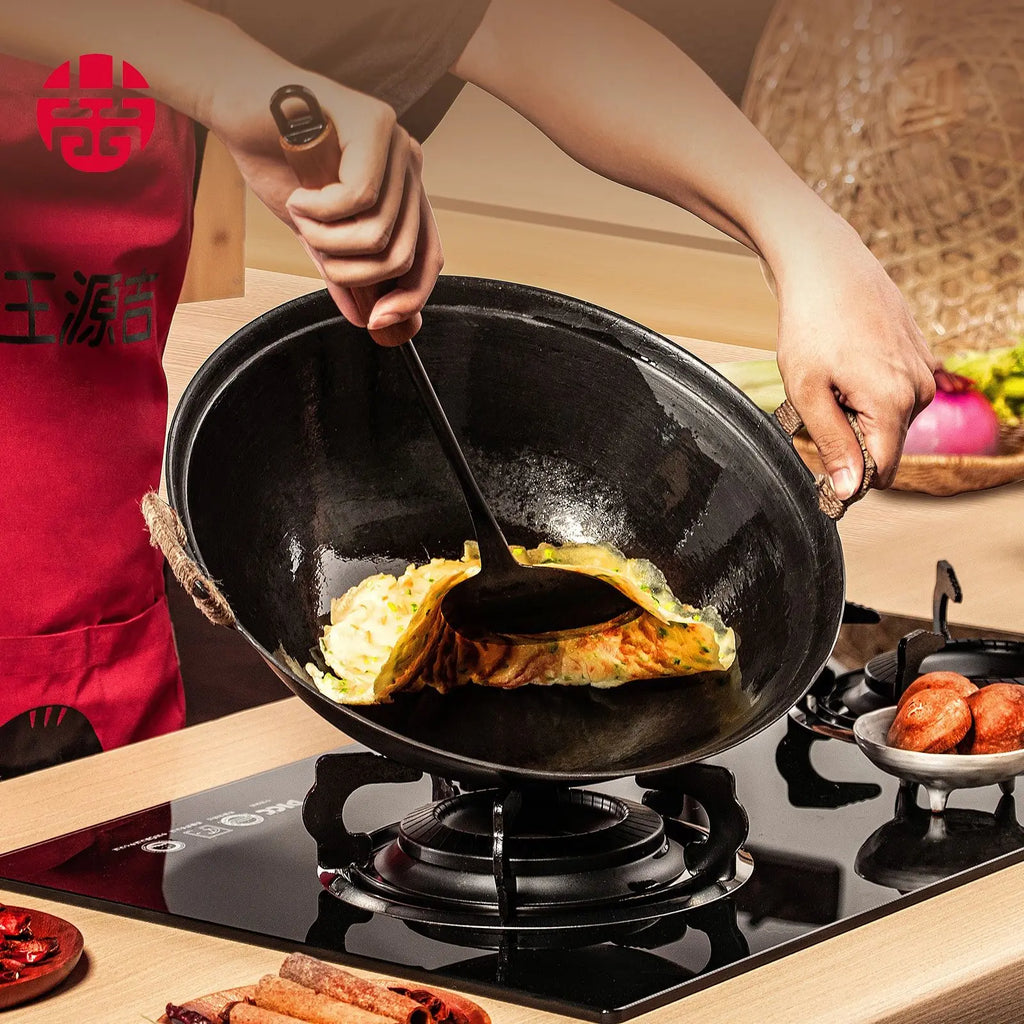 WANGYUANJI 14.2"Handmade Cast Iron Wok, Chinese Traditional Round Bottom Wok with Dual Handle, Suitable for All Cooktops, Uncoat