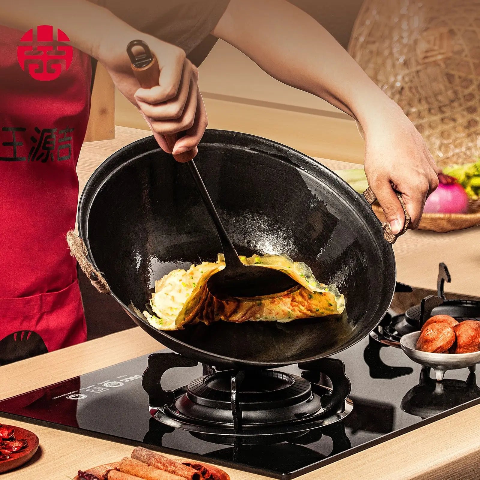 WANGYUANJI 14.2"Handmade Cast Iron Wok, Chinese Traditional Round Bottom Wok with Dual Handle, Suitable for All Cooktops, Uncoat