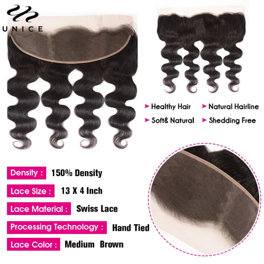 UNICE Hair Body Wave Human Hair Bundles 2/3/4 PCS With 13x4 Lace Frontal / 4X4 Lace Closure / 5x5 HD Lace Closure