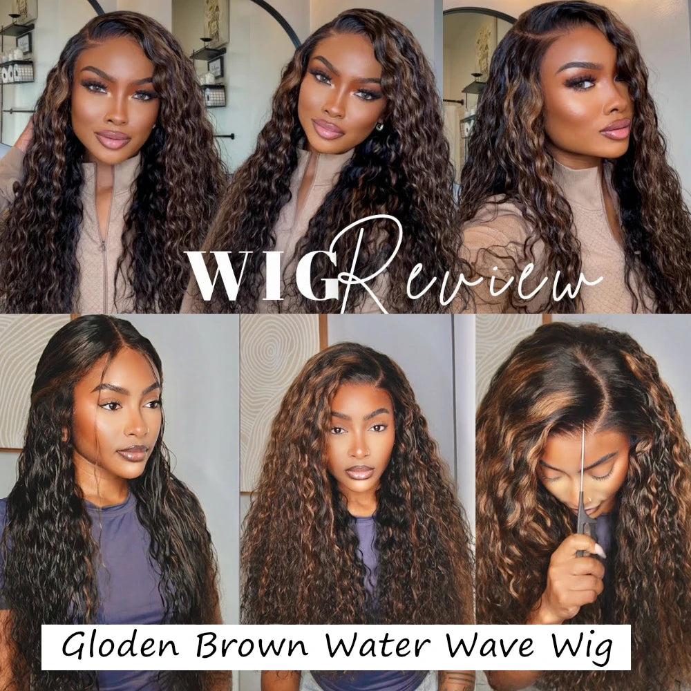Unice Hair Water Wave Wig With Golden Brown Highlights 7x5 Pre Cut Pre Bleached Glueless Human Hair Lace Front Wig 150% Density