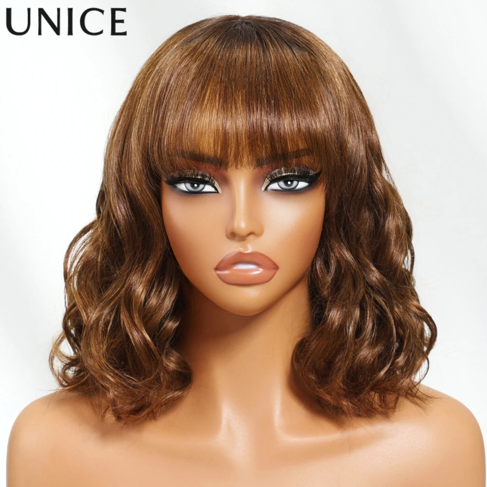 Unice Hair Brown Colored Loose Wave Wig With Bangs 4x2 Lace Short Bob Wig Human Hair Glueless Wig 150% Density