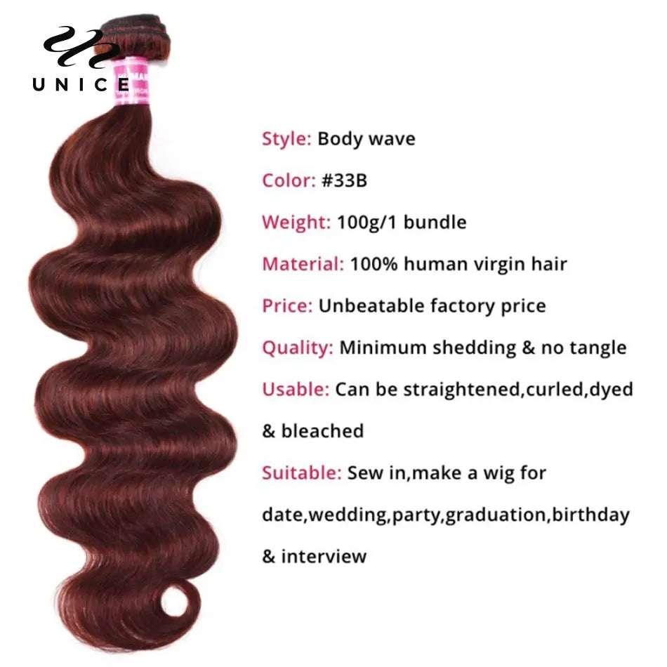 Unice Hair 33B Dark Ginger Body Wave Human Hair 3/4 Bundles Reddish Brown 100% Human Hair  Auburn Hair Bundle Deal for Women