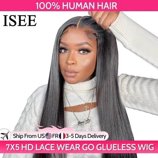 ISEE Hair Glueless Wigs Human Hair Ready To Wear Straight Glueless Preplucked Wear And Go Wigs 7x5HD Lace Front Wigs PreCut Lace