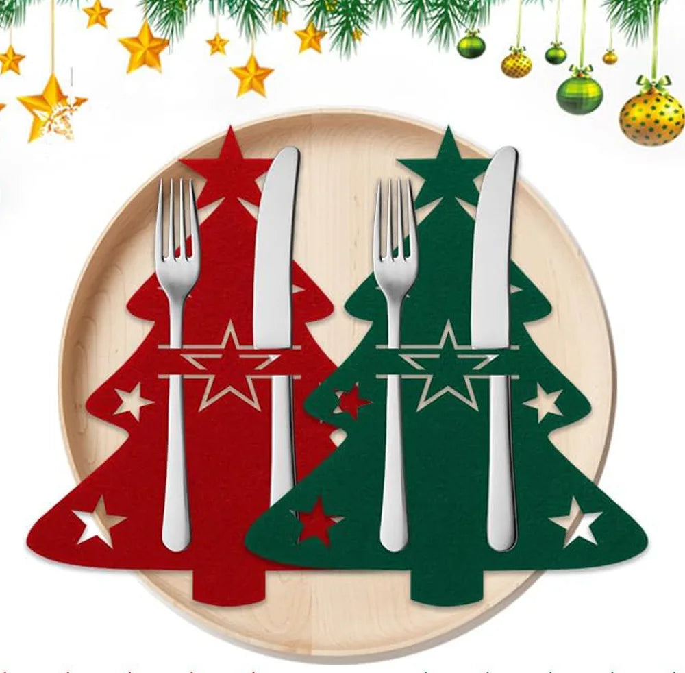 New 10-1PC Christmas Tree Cutlery Knife Fork Covers Table Decor Xmas Tableware Pocket Holder Bag New Year Xmas Party Decor Gifts