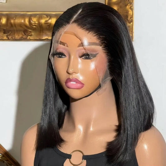 13x4 Lace Front Bob Wig Human Hair 200 Density Brazilian Virgin Straight Hair Wig Pre-Plucked Natural Black