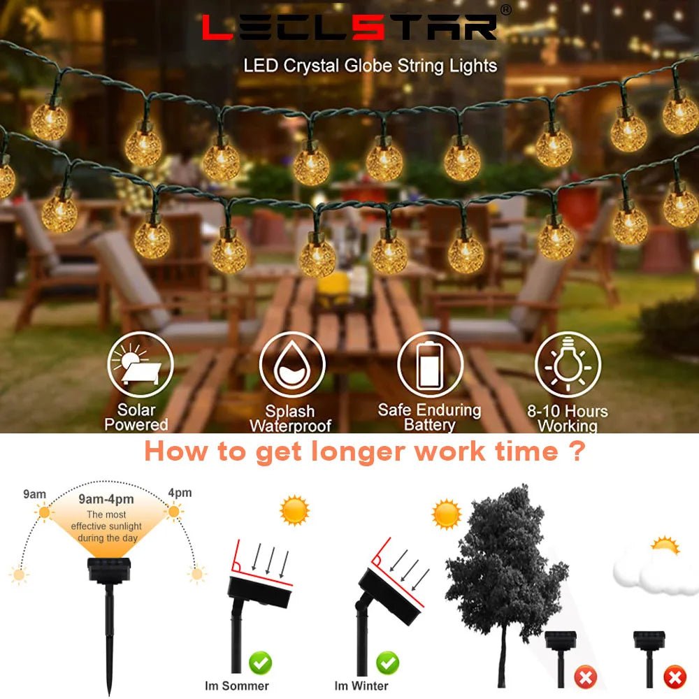 Solar Outdoor Crystal Ball Light String,100/200LEDs 8 Modes Waterproof Solar Fairy Lamp for Garden Courtyard Party Decoration