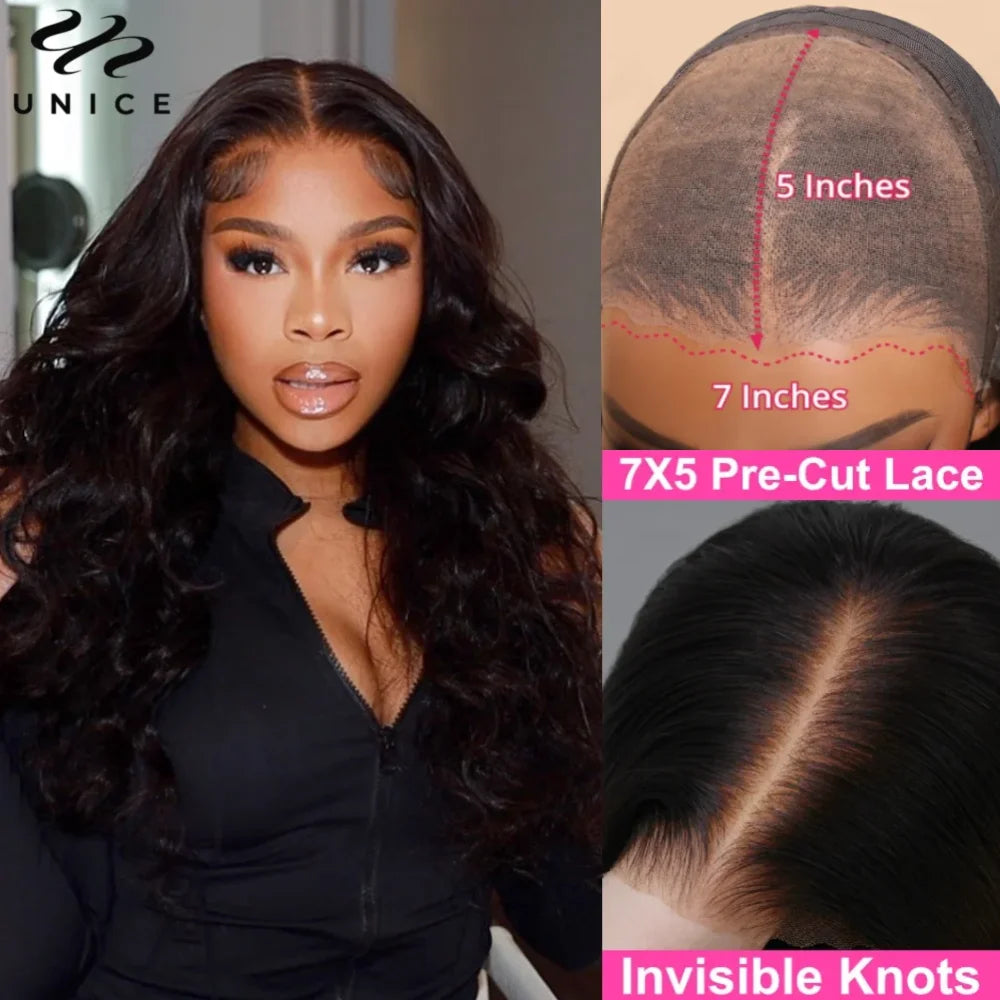 UNice 7x5 Glueless Wig Pre Bleached Pre Cut Pre Plucked Body Wave Human Hair Lace Wig Ready To Wear Go Lace Closure Wig